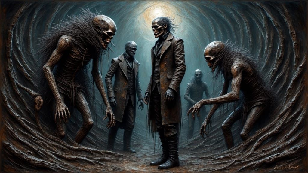 Macabre Humans and Creatures in Ominous Landscape