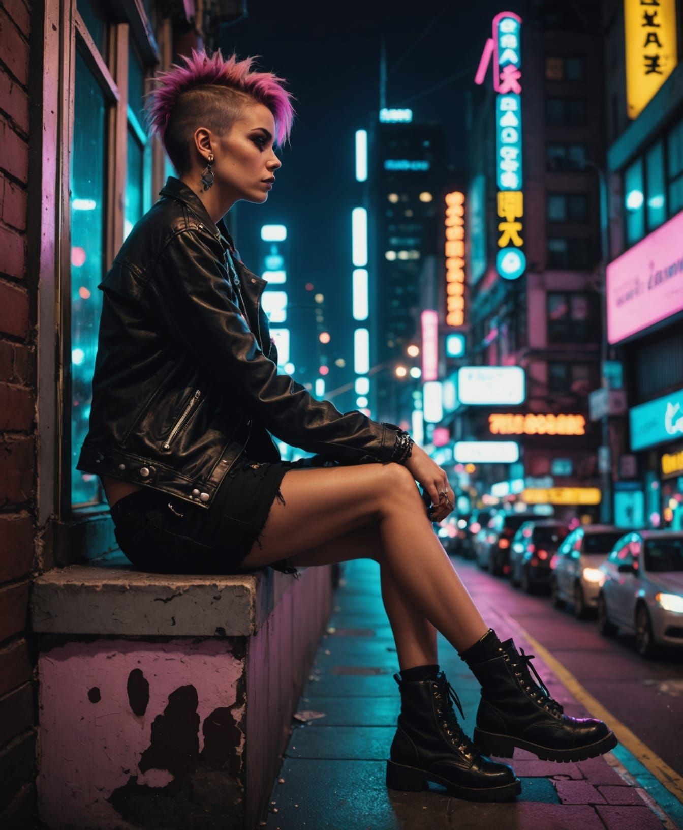 Cyberpunk Woman Contemplates Busy City Nightlife