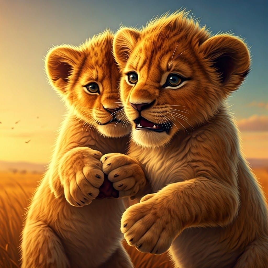 Golden Lion Cubs Playfully Tussle in Vibrant Savannah Scene