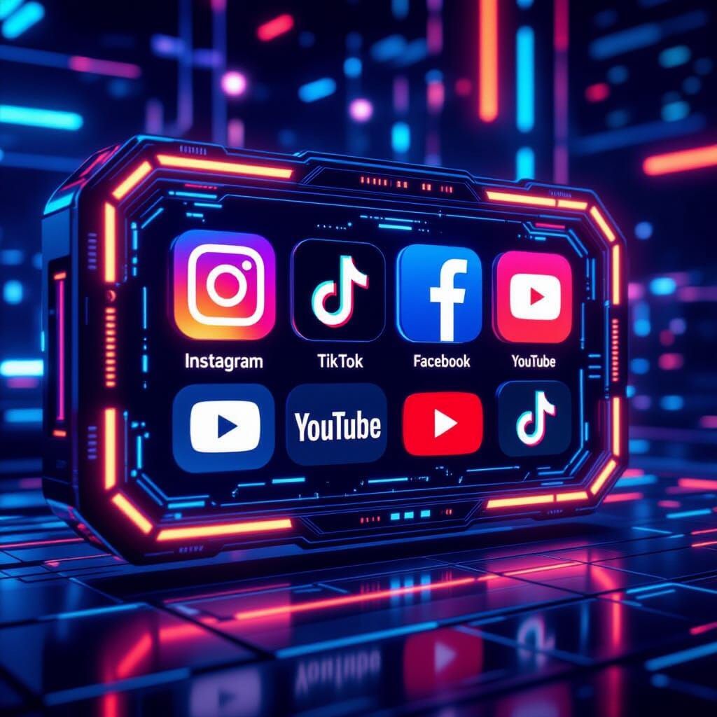 Futuristic Social Media Dashboard Glowing with Icons