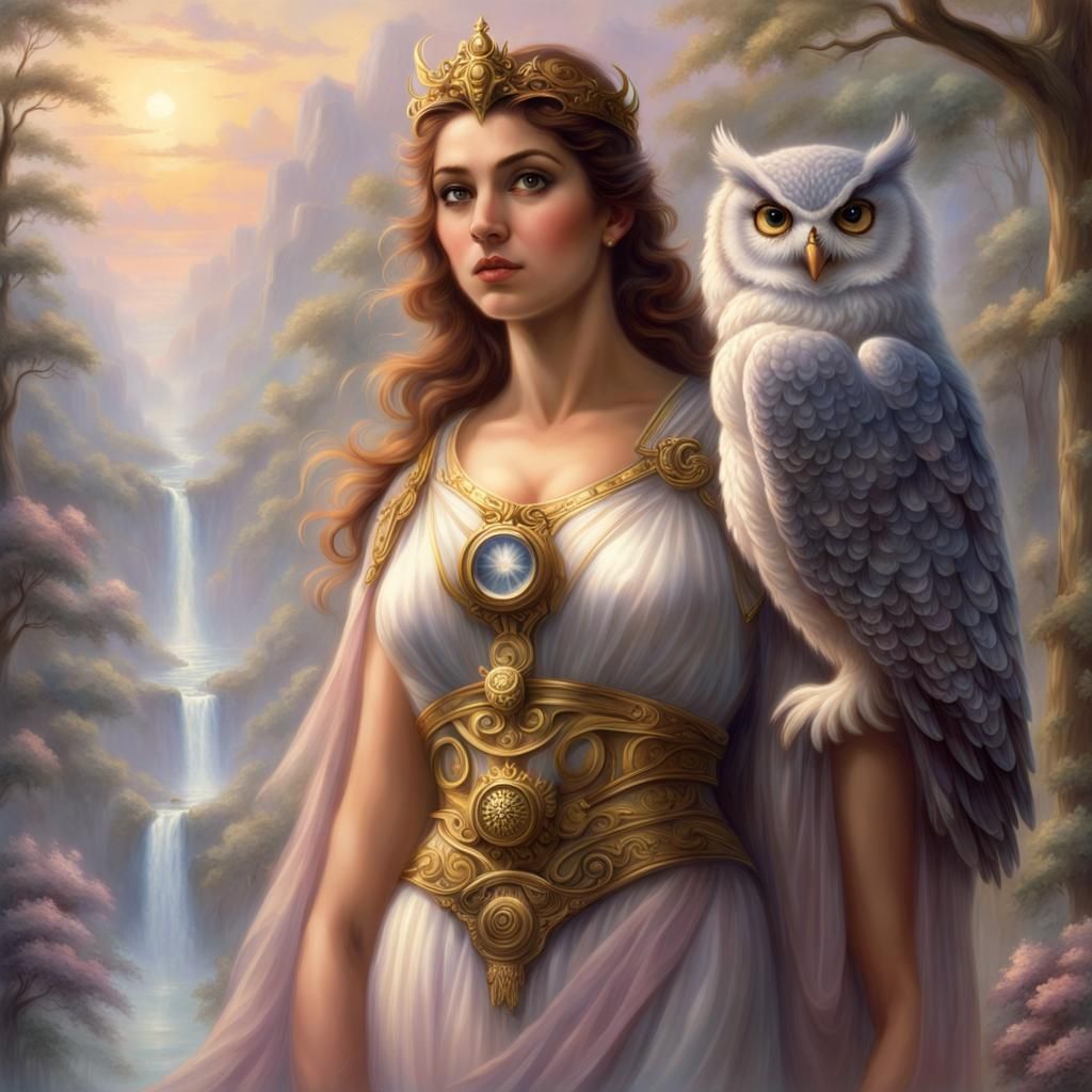 Athena, Goddess of Wisdom with Owl, Fantasy Art
