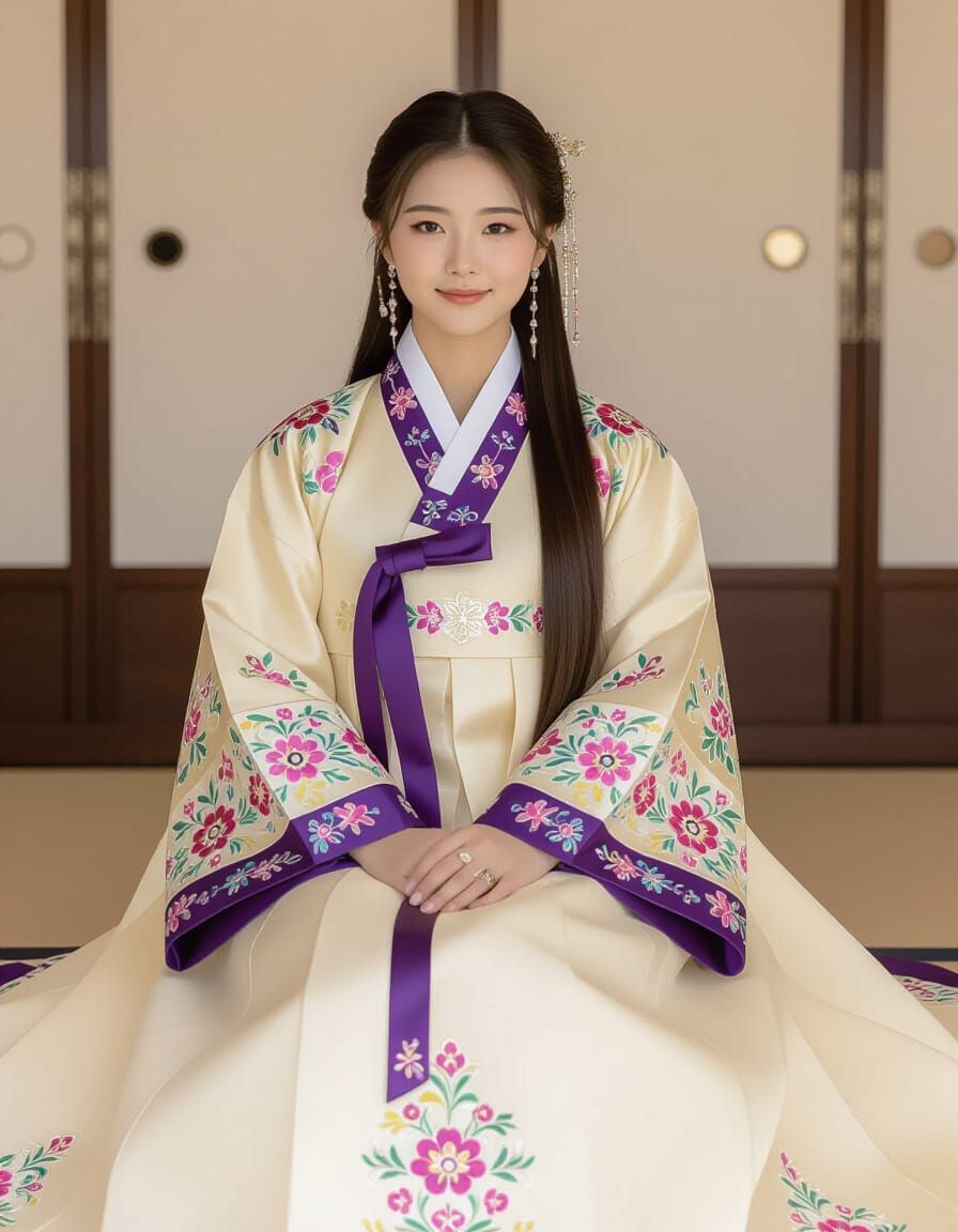 Woman in Traditional Korean Hanbok with Cat