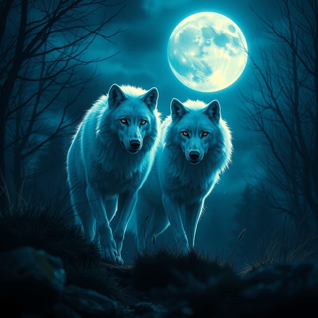 Mystical White Wolves Under Full Moon
