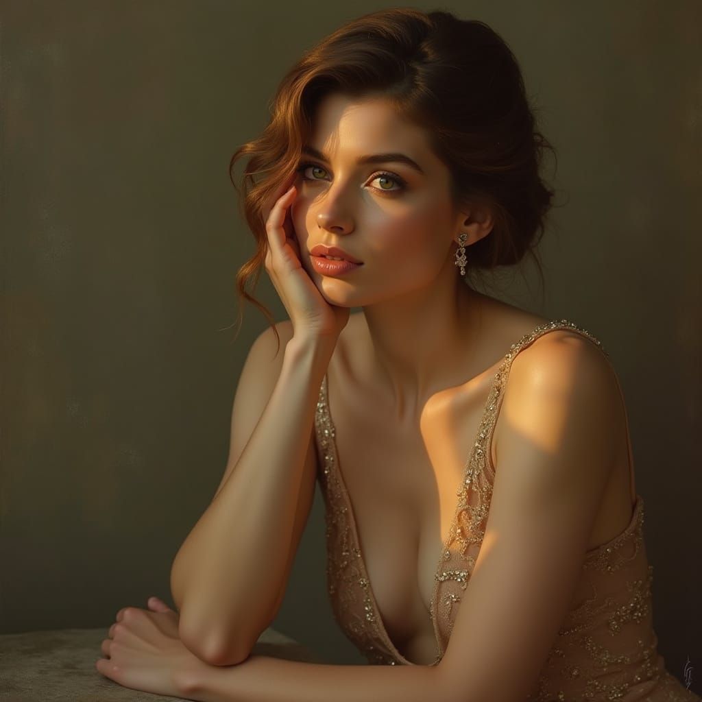 Elegant Woman in Evening Gown, Soft Golden Lighting