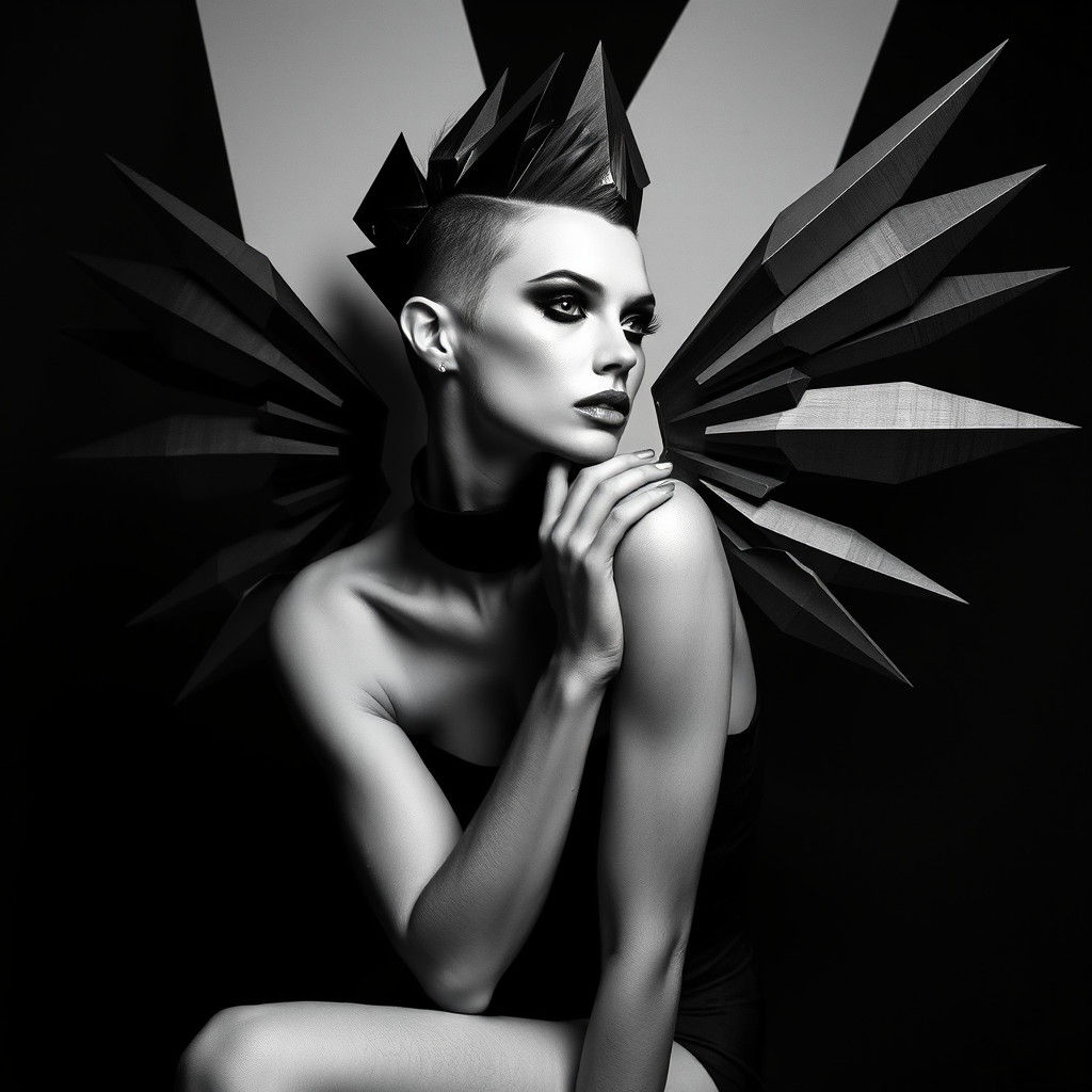 Geometric Winged Model in Dadaist Black and White