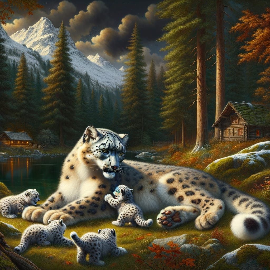 Snow Leopard Family in Swiss Alps as Oil Painting