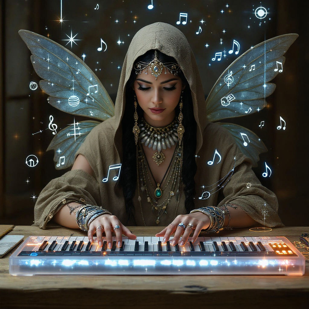 Mystic Musician Conjuring Sounds in Cyberpunk Style