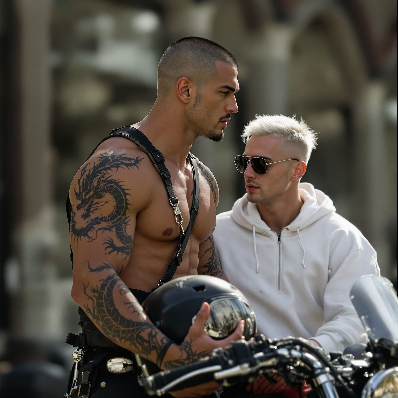 Rugged Bikers Pose With Motorcycle, Dark Fantasy Art