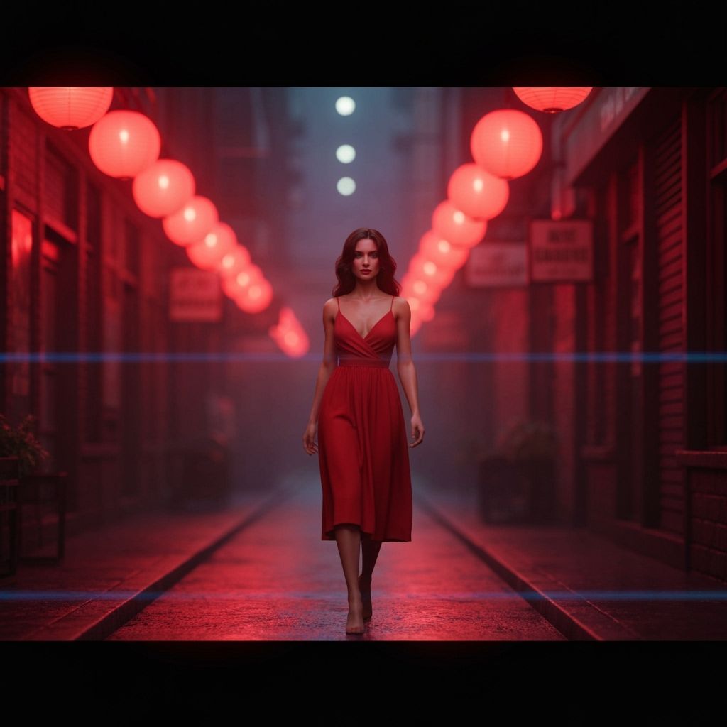 Stunning Woman in Red Dress in Moody Red-Light District