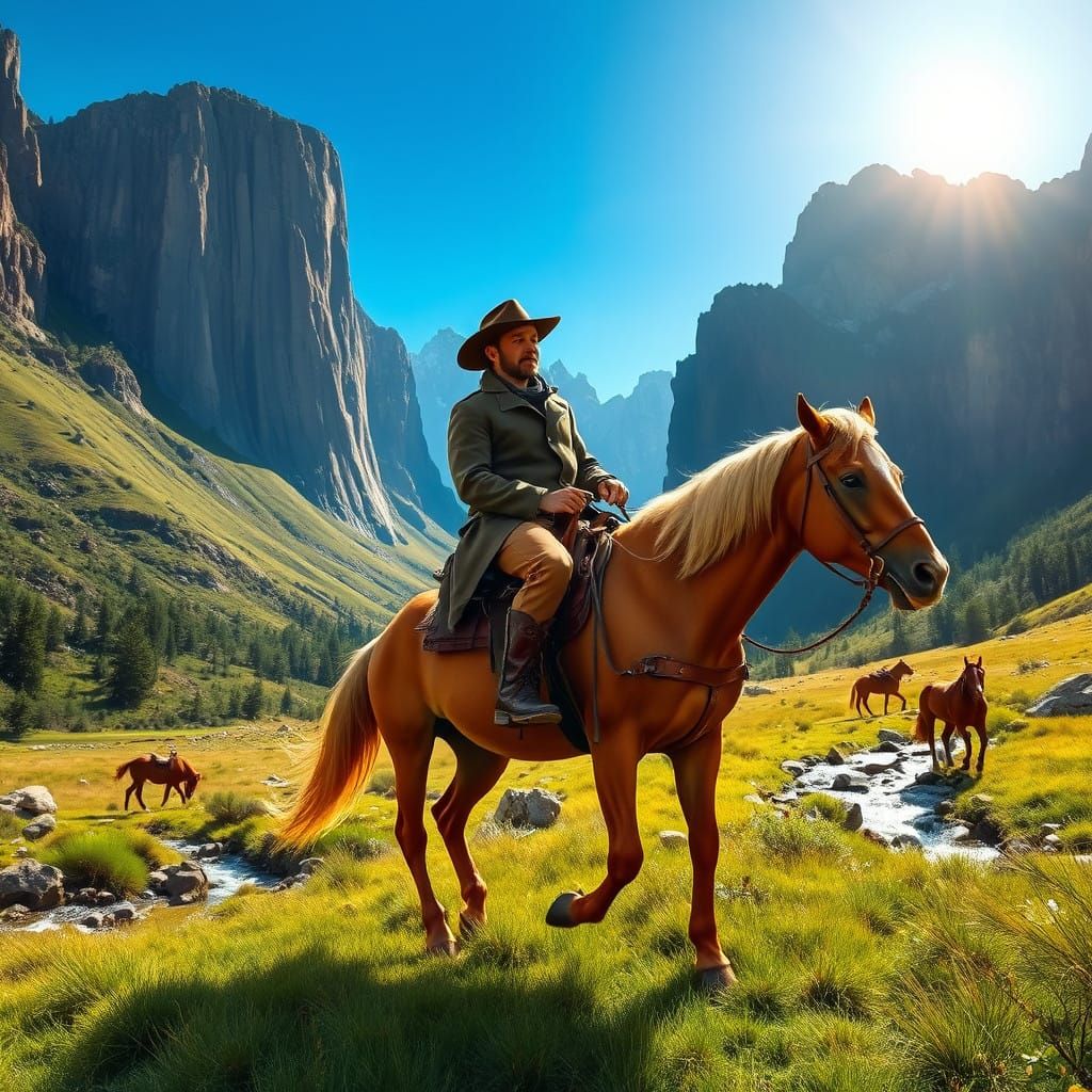 Realistic, Cowboy riding his horse in the Old West, bright s...