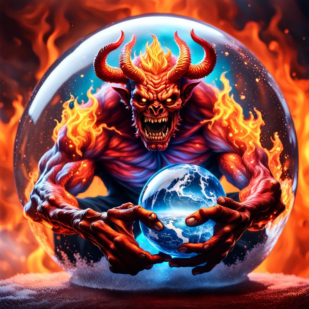 Fiery Demon Holding Earth Snow Globe