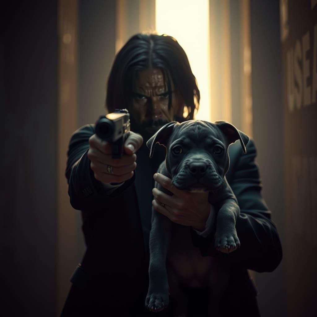 Cinematic Still: Man with Puppy and Gun