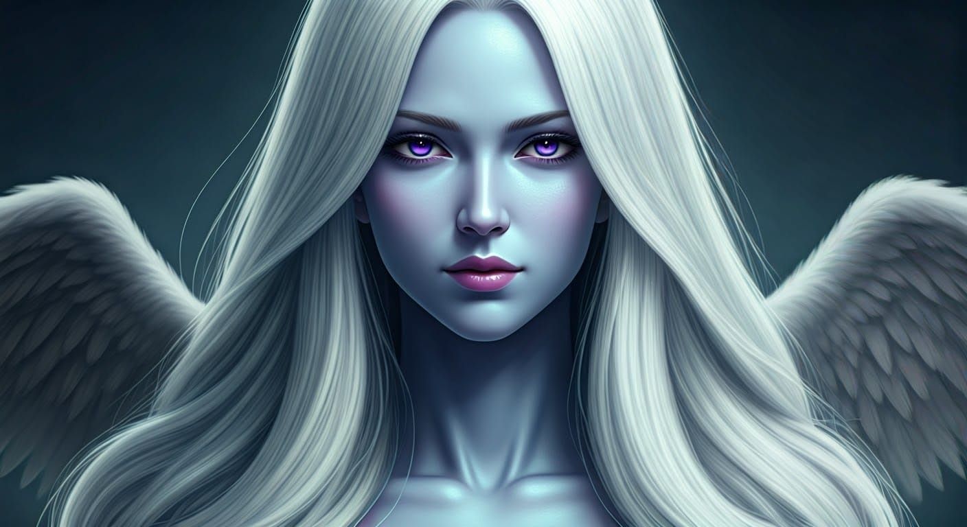 Elegant Angel Woman with White Hair and Plum Eyes