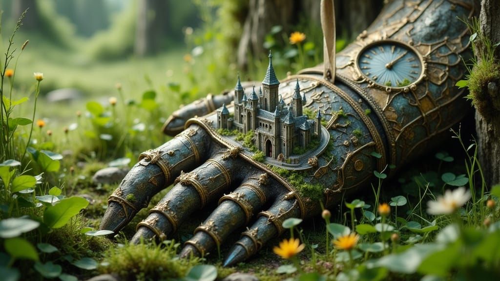 Medieval Gauntlet with Miniature Castle in Lush Grass