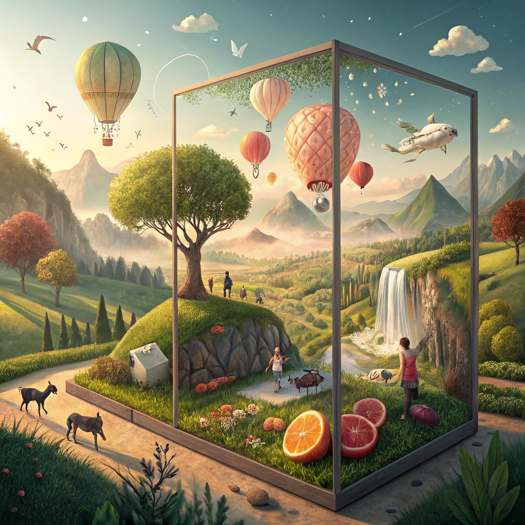 Surreal Triptych Landscape Inspired by Bosch, 3D Rendered