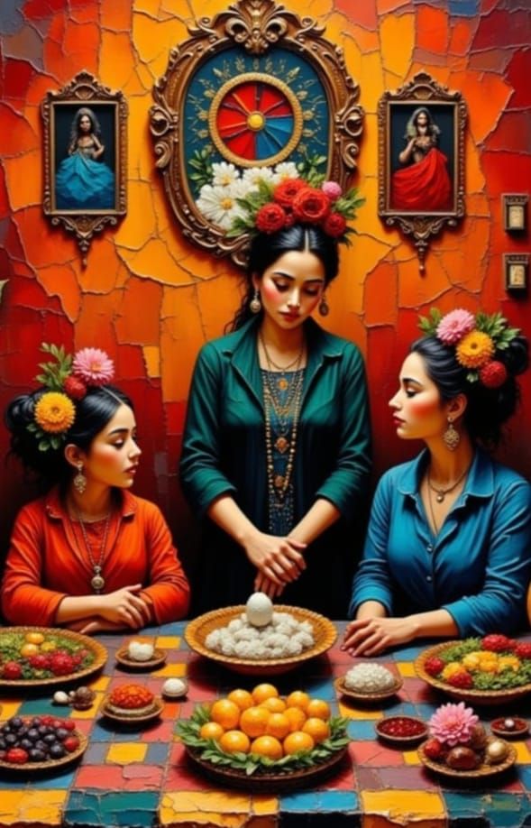 Mexican Women at Ofrenda in Vibrant Folk Art Style