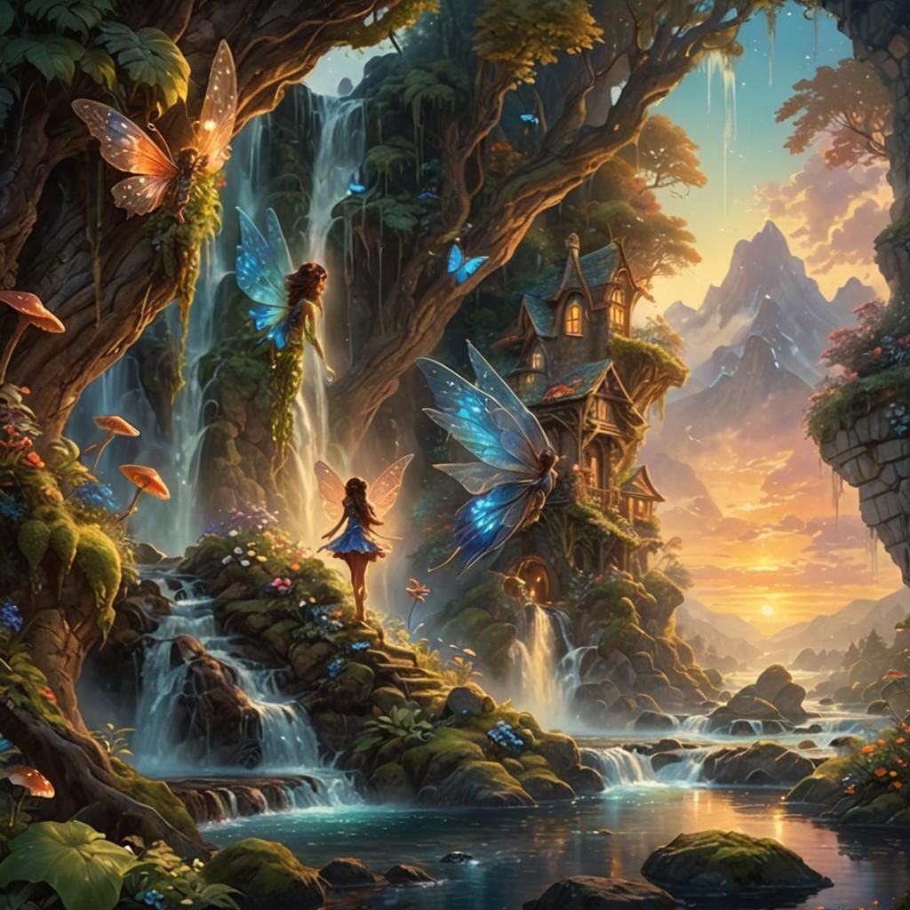 Fantasy Fairy by Waterfall in Dreamscape Art