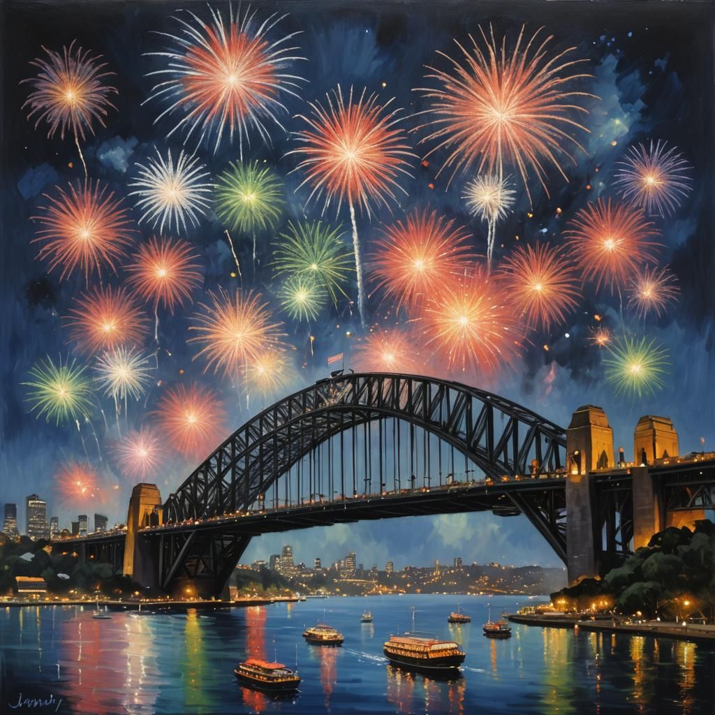 Sydney Harbour Bridge Fireworks, Oil Painting