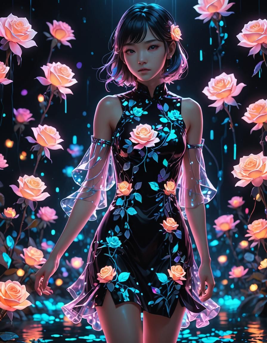 Bioluminescent Holographic Figure in Anime Style