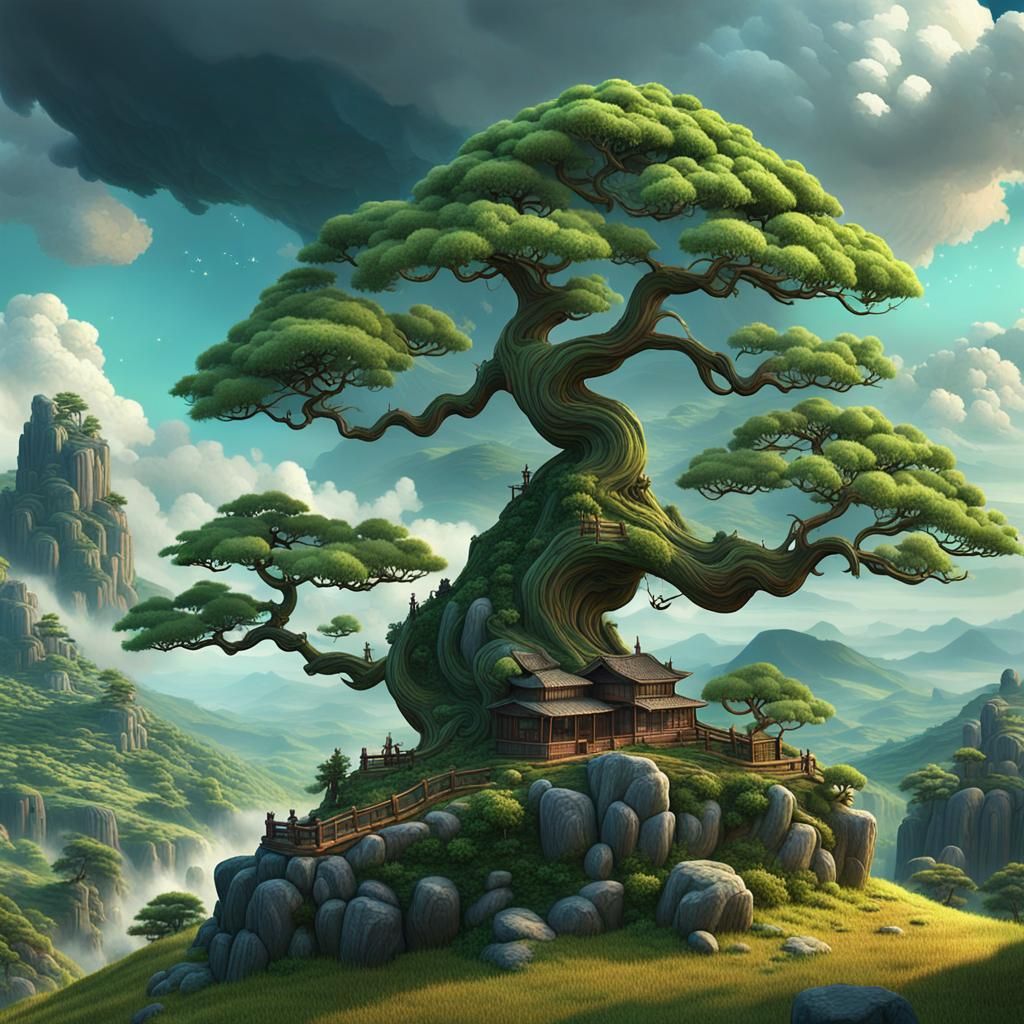 Whimsical Bonsai Trees in Countryside Landscape
