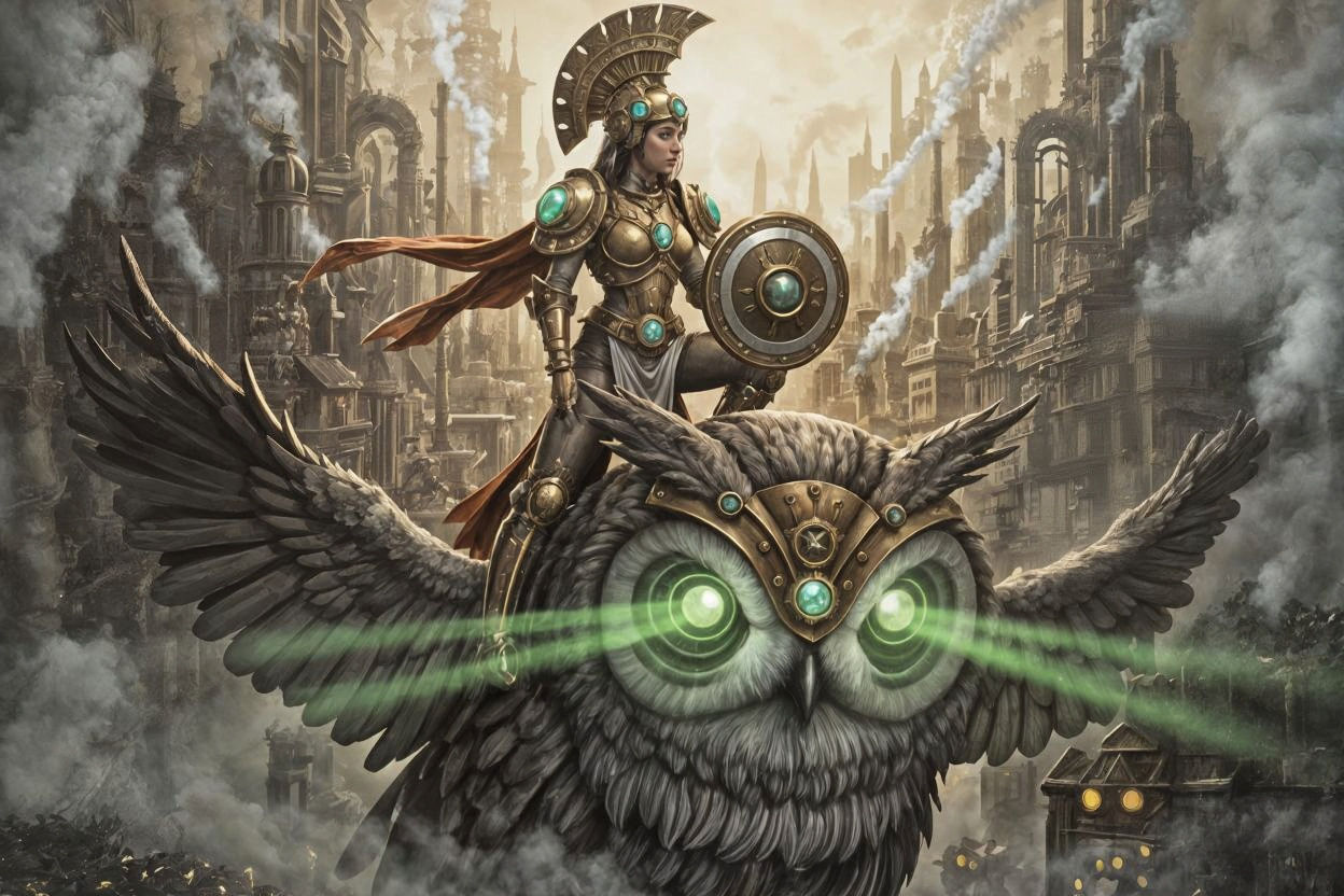 Steampunk Athena on Clockwork Owl Over Industrial Cityscape