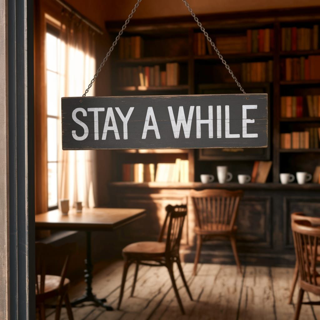 Cozy Café with Hand-Painted Wooden Sign