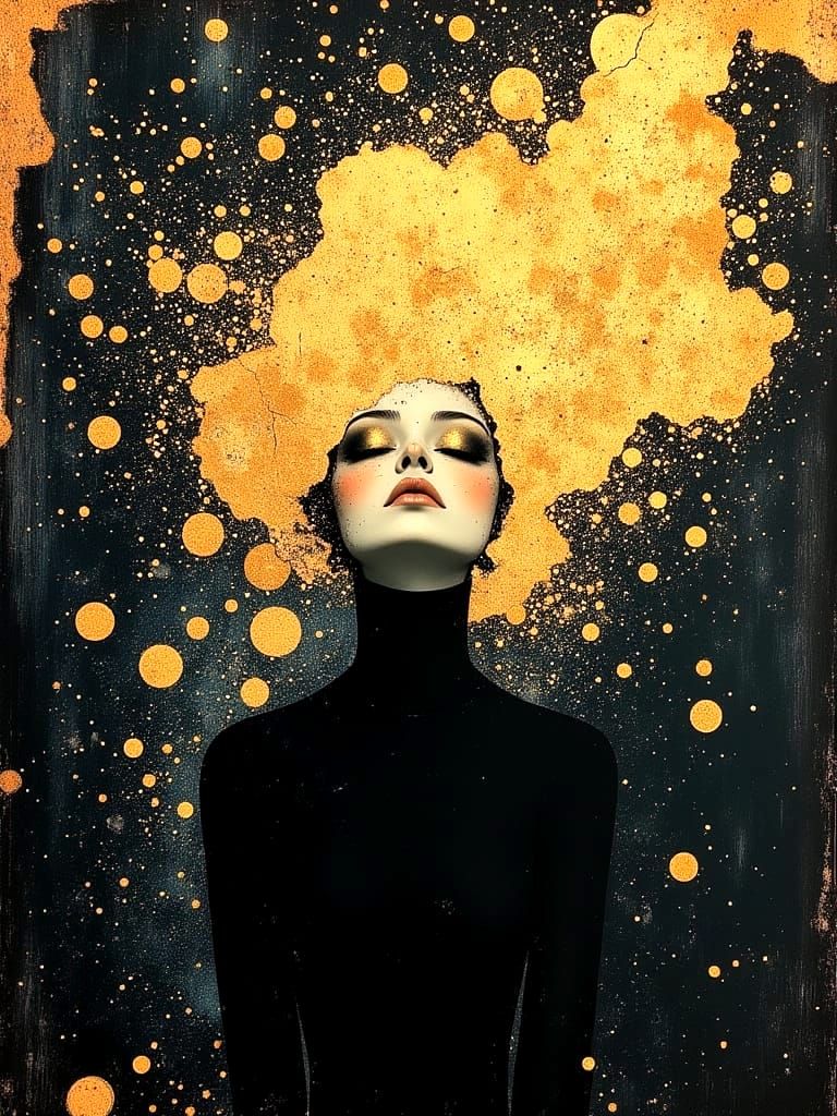 Macabre Surrealist Portrait in Matte Black and Gold