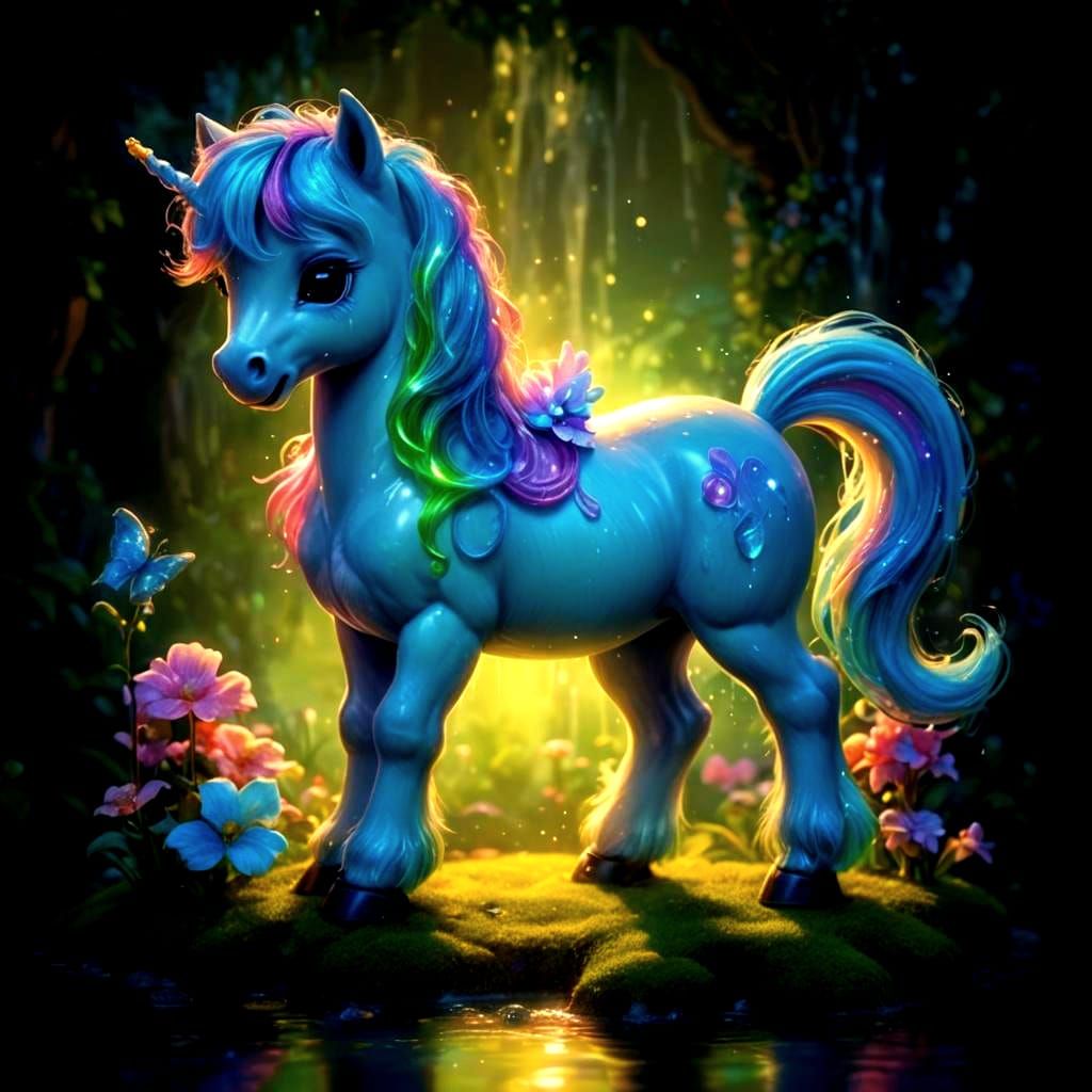 Chibi Pony with Bioluminescent Waterfall in Candy Art Style