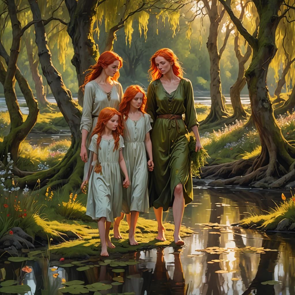 Fantasy Portrait of Mother and Daughters by River