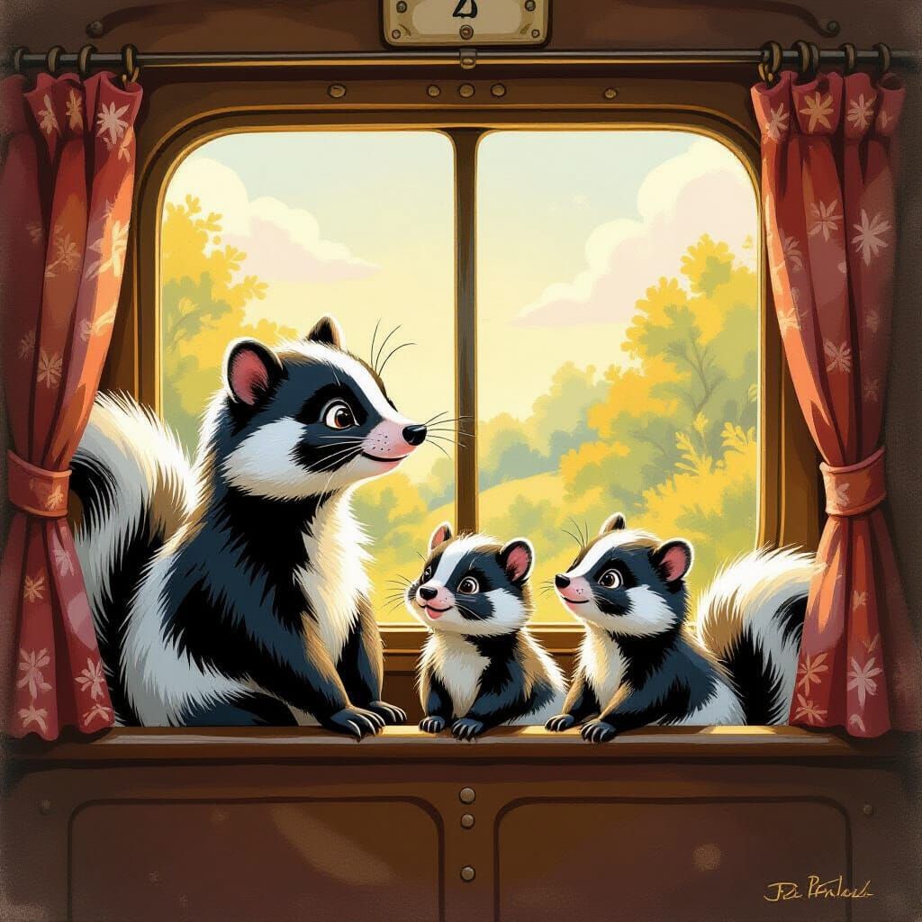 Skunk Family's Exciting Train Adventure in Gouache Style