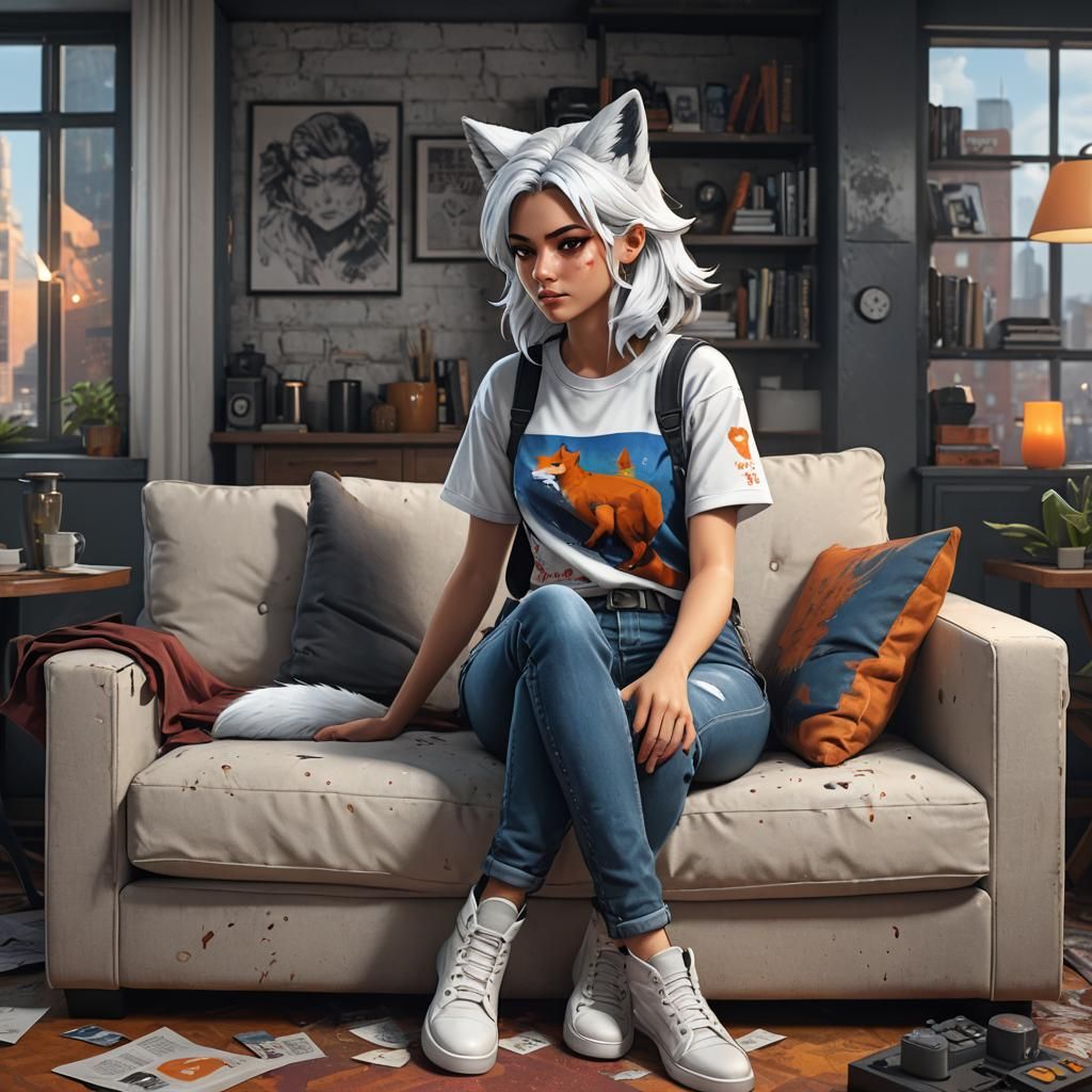 Fox Girl in New York Apartment, Detailed Fantasy Art