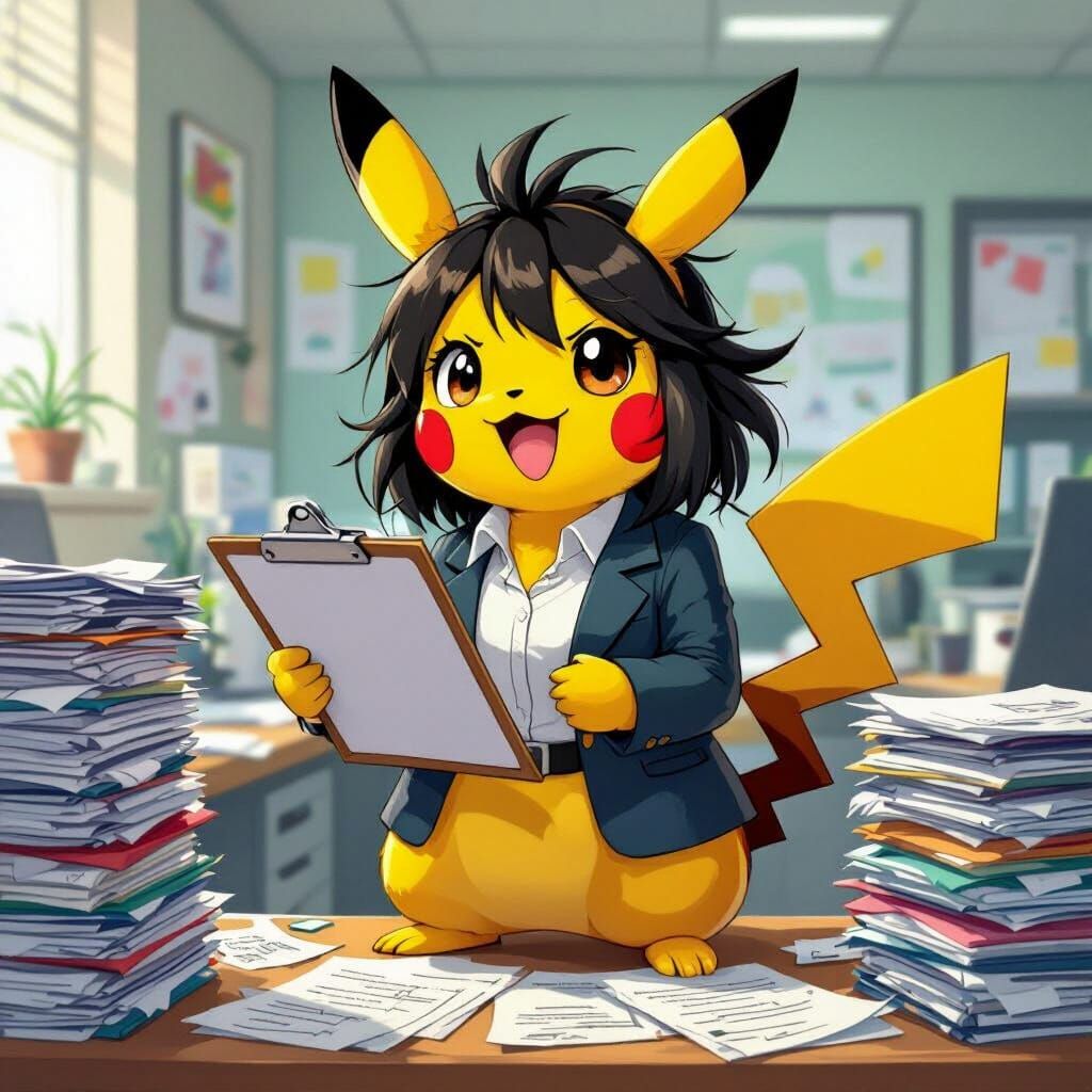 Pikachu as Frazzled Social Worker in Exaggerated Style