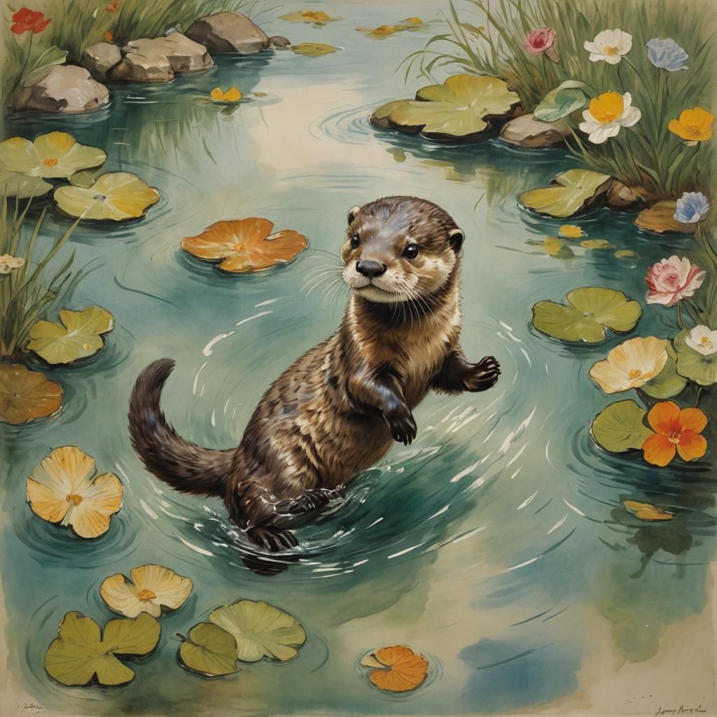 Playful Otter Cub Running to Water, Blended Art Styles