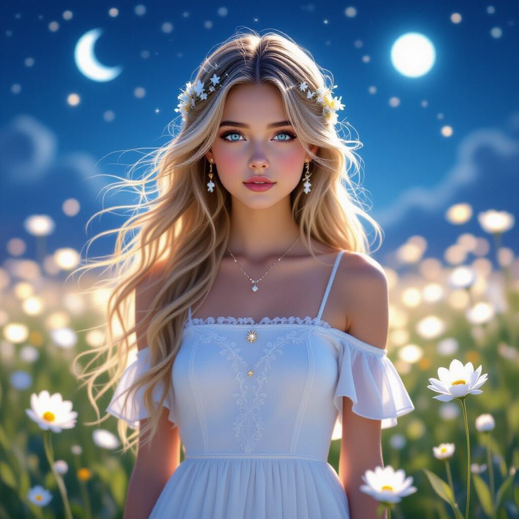 Starlight Girl in Cosmic Flower Field: Hyperrealistic Art