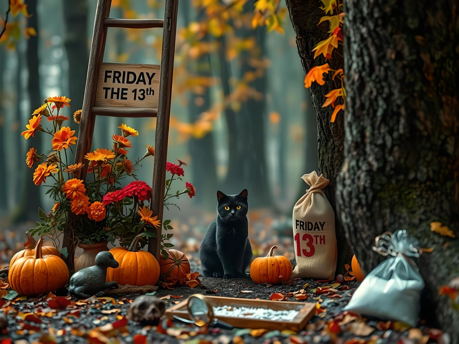 Eerie Autumn Forest: Black Cat and Bad Luck Charms