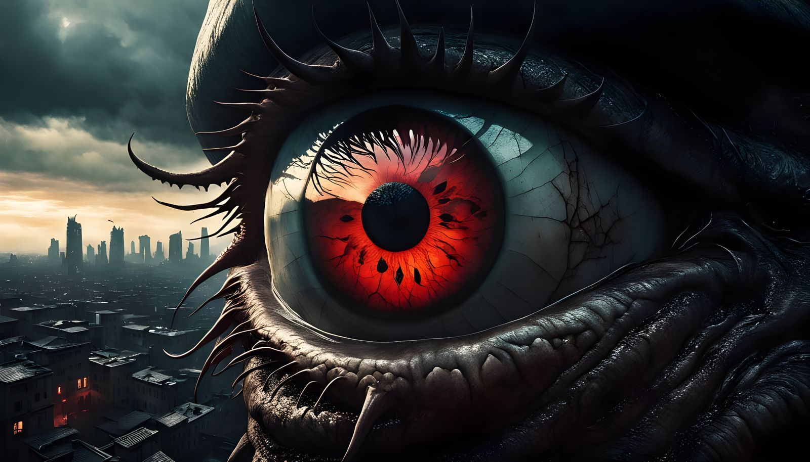 Colossal Eyeball Tentacle Monster in Dark Cityscape