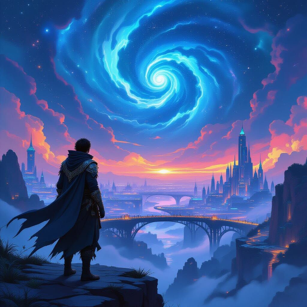 Psychedelic Manga Adventurer Overlooking Alien City