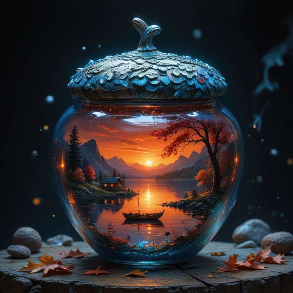 Glass Acorn Jar with Autumn Lake Scene