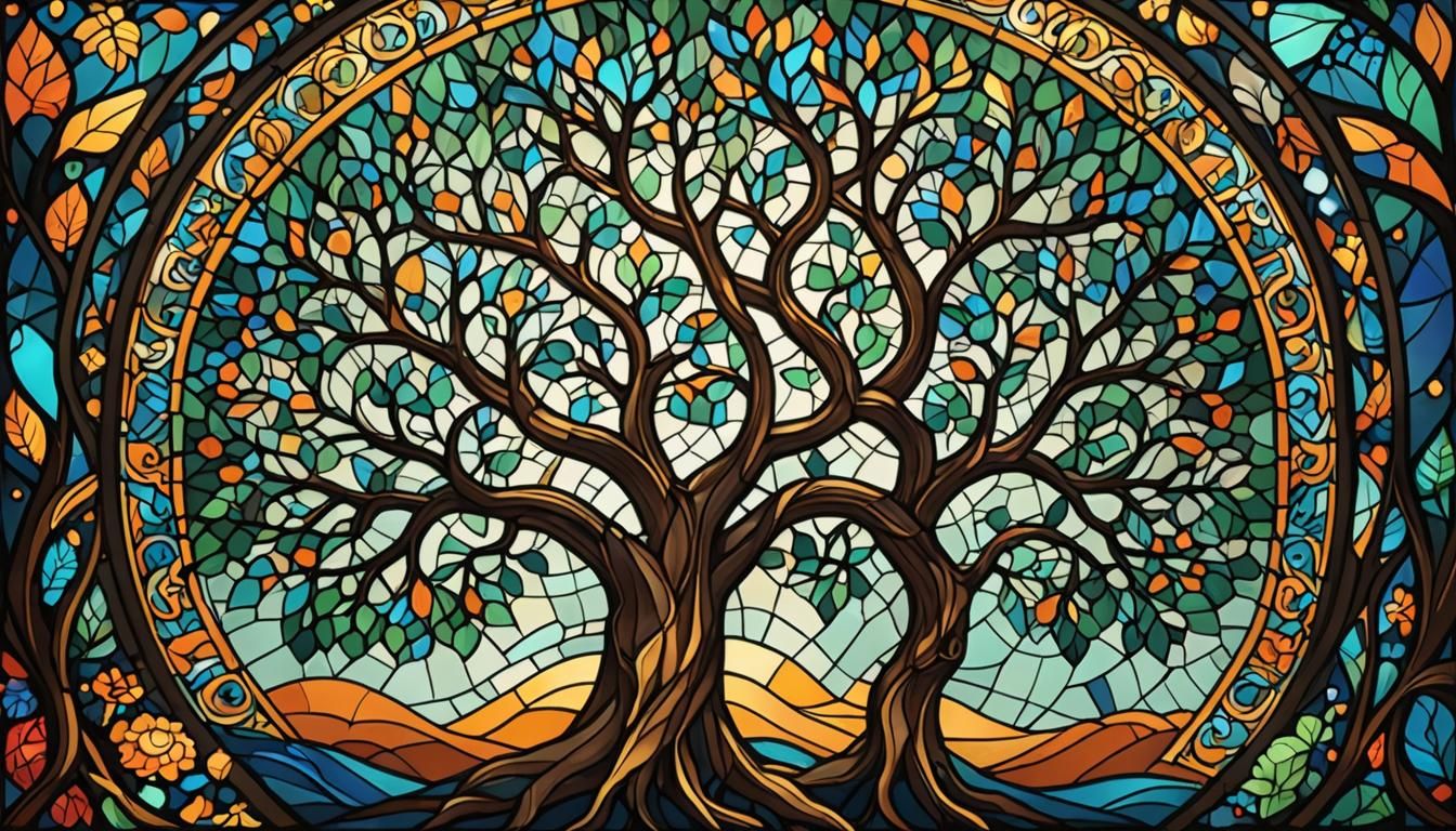 Stained Glass Tree of Life with Fractal Patterns