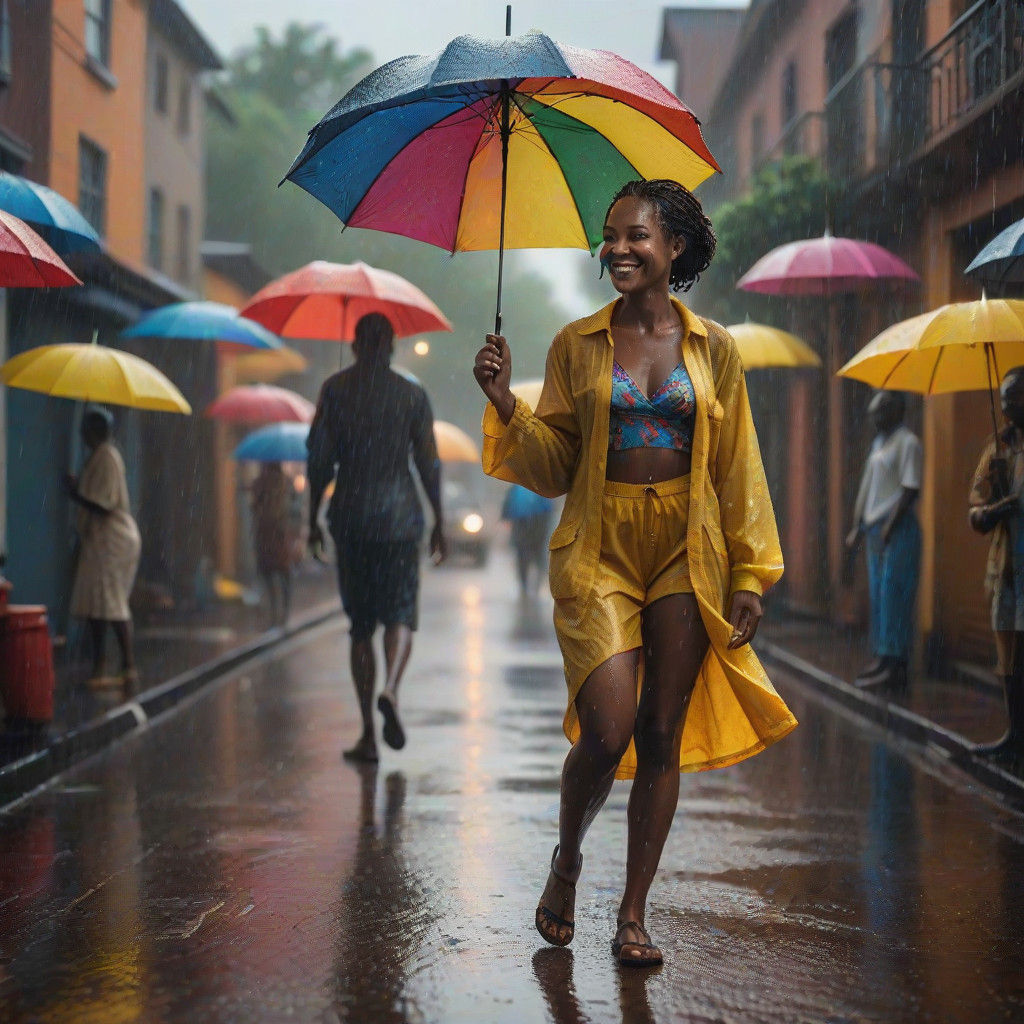 African Woman Shines Under Heavy Rain