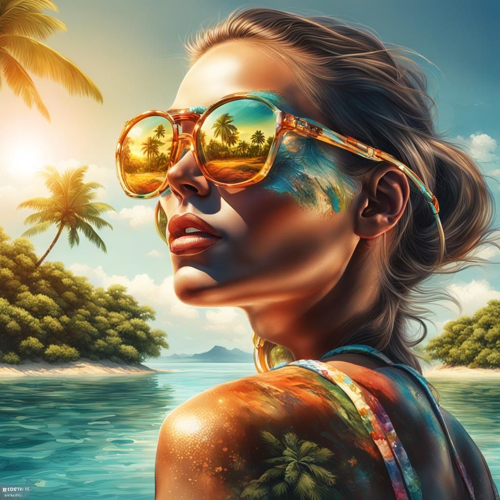 Chic Woman Reflecting Paradise in Sunglasses