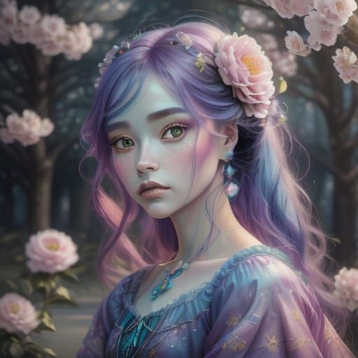 Dreamlike Goddess in Whimsical Teal and Purple Hair