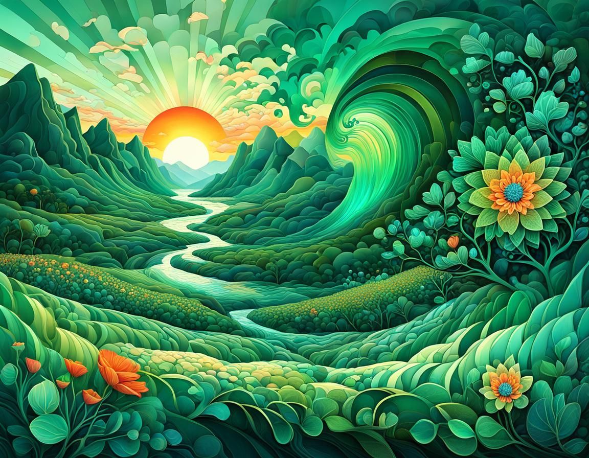 Emerald Evening: Fractal Landscape with 3D Shading