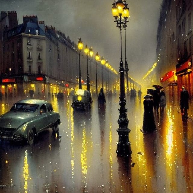 Romantic Paris Street at Night Watercolor Painting