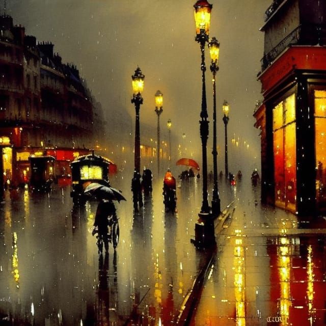 Paris Street at Night in the Rain, Watercolor Painting