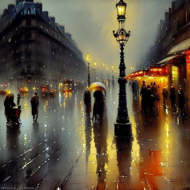 Paris Street at Night: Romantic Watercolor Painting