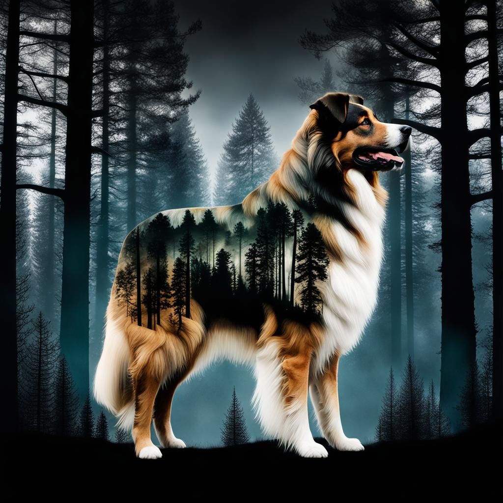 Double Exposure Forest Dog Silhouette: Splash Art