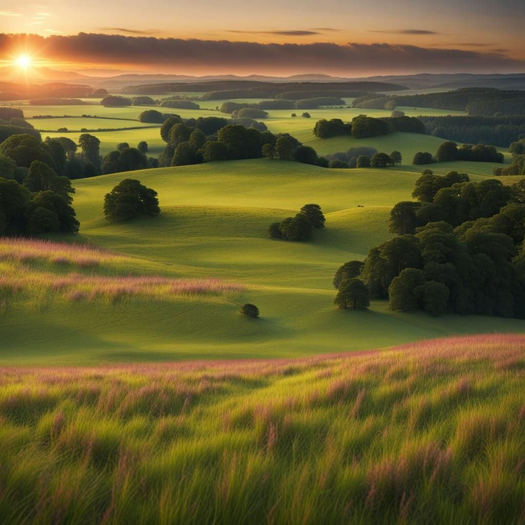 Infinite Meadow at Sunset: Detailed Matte Painting