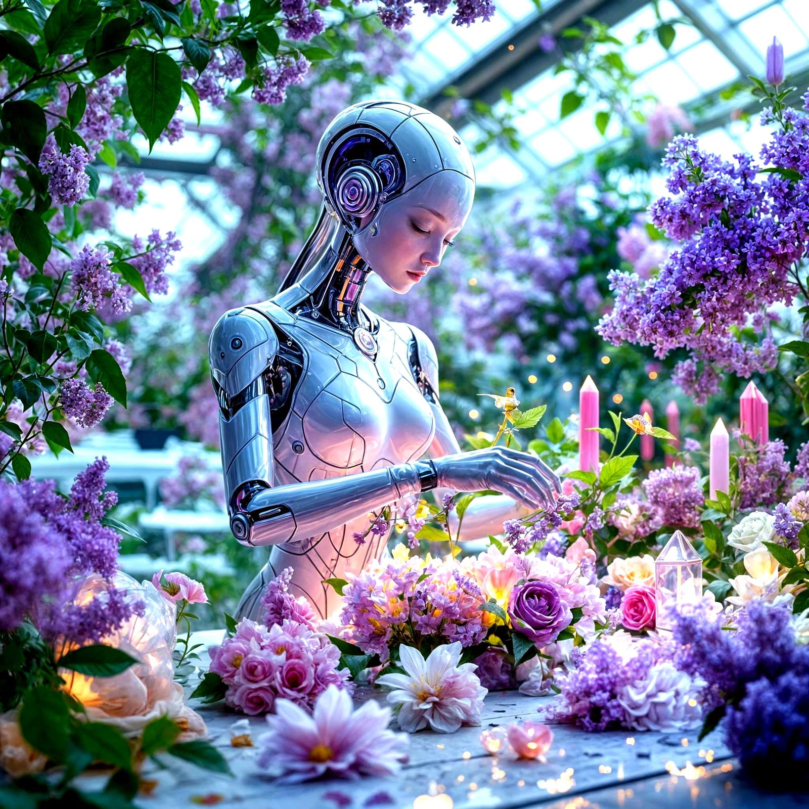 Ethereal Android Arranges Crystal Ikebana in Spaceship Green...