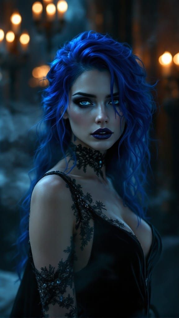 Gothic Goddess with Midnight Blue Hair and Sapphire Eyes